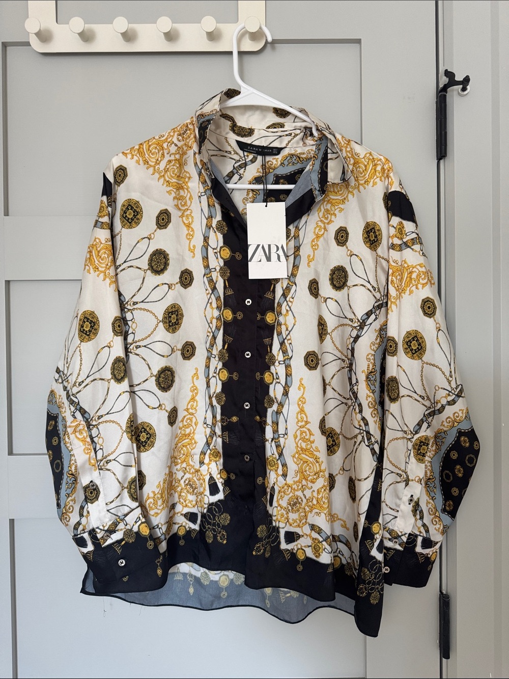 Zara Black, Cream & Gold Baroque-Print Button Blouse